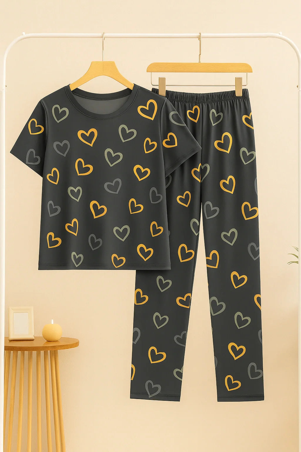 Multi Color Hearts on Gray Nightwear T-Shirt With Pajama