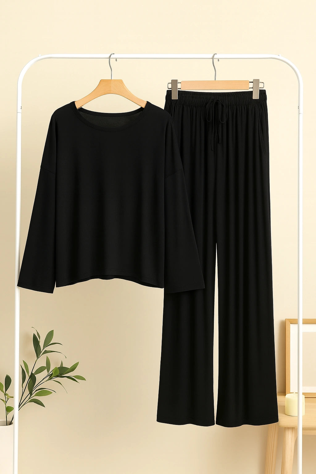 Deep Black Round Neck Plazzo PJ Set