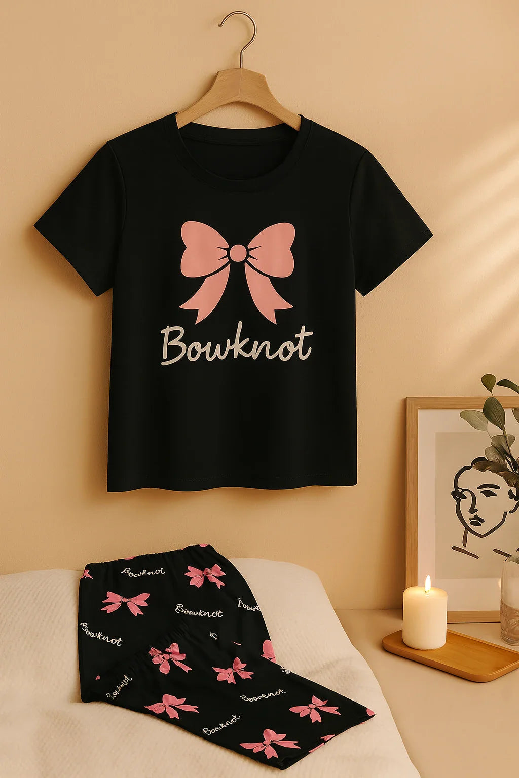 Black Bowknot T-Shirt With Pajama