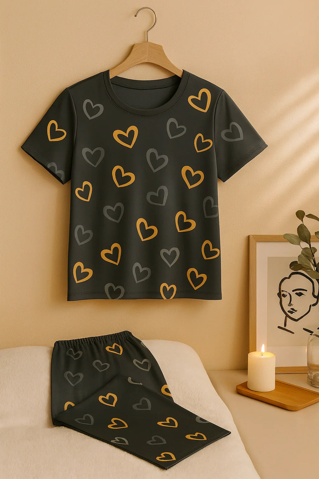 Multi Color Hearts on Gray Nightwear T-Shirt With Pajama