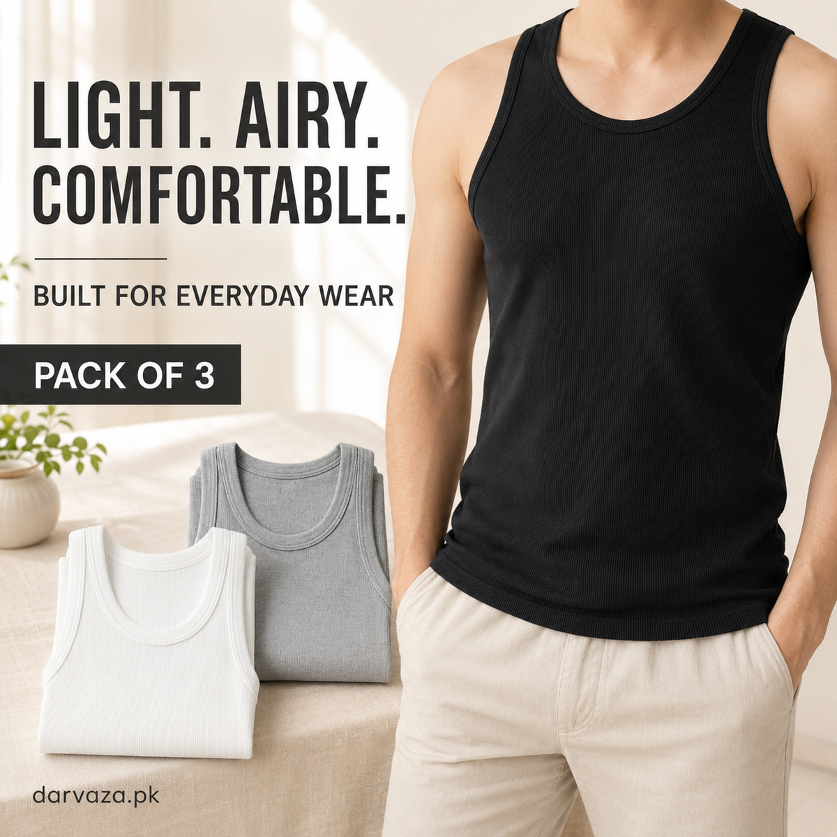 Pack of 3 Men’s Cotton Ribbed Sando Vests