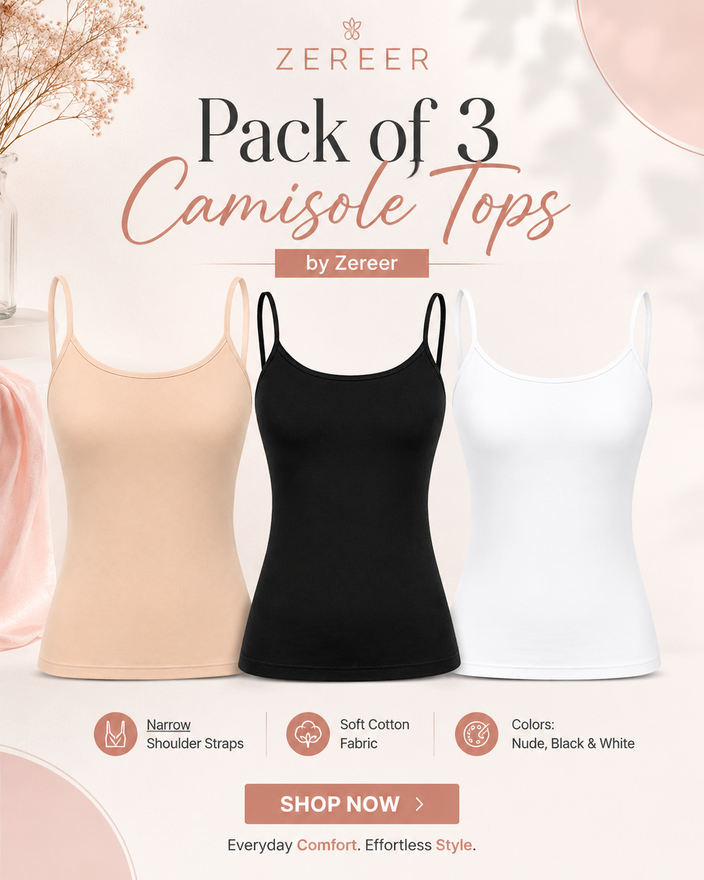 Pack of 3 Camisole Tops with Narrow Shoulder straps in Soft Cotton