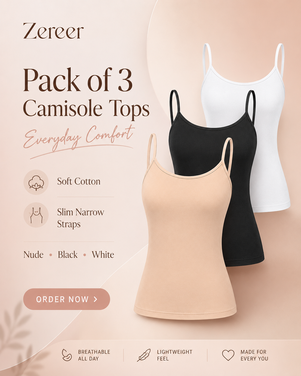 Pack of 3 Camisole Tops with Narrow Shoulder straps in Soft Cotton