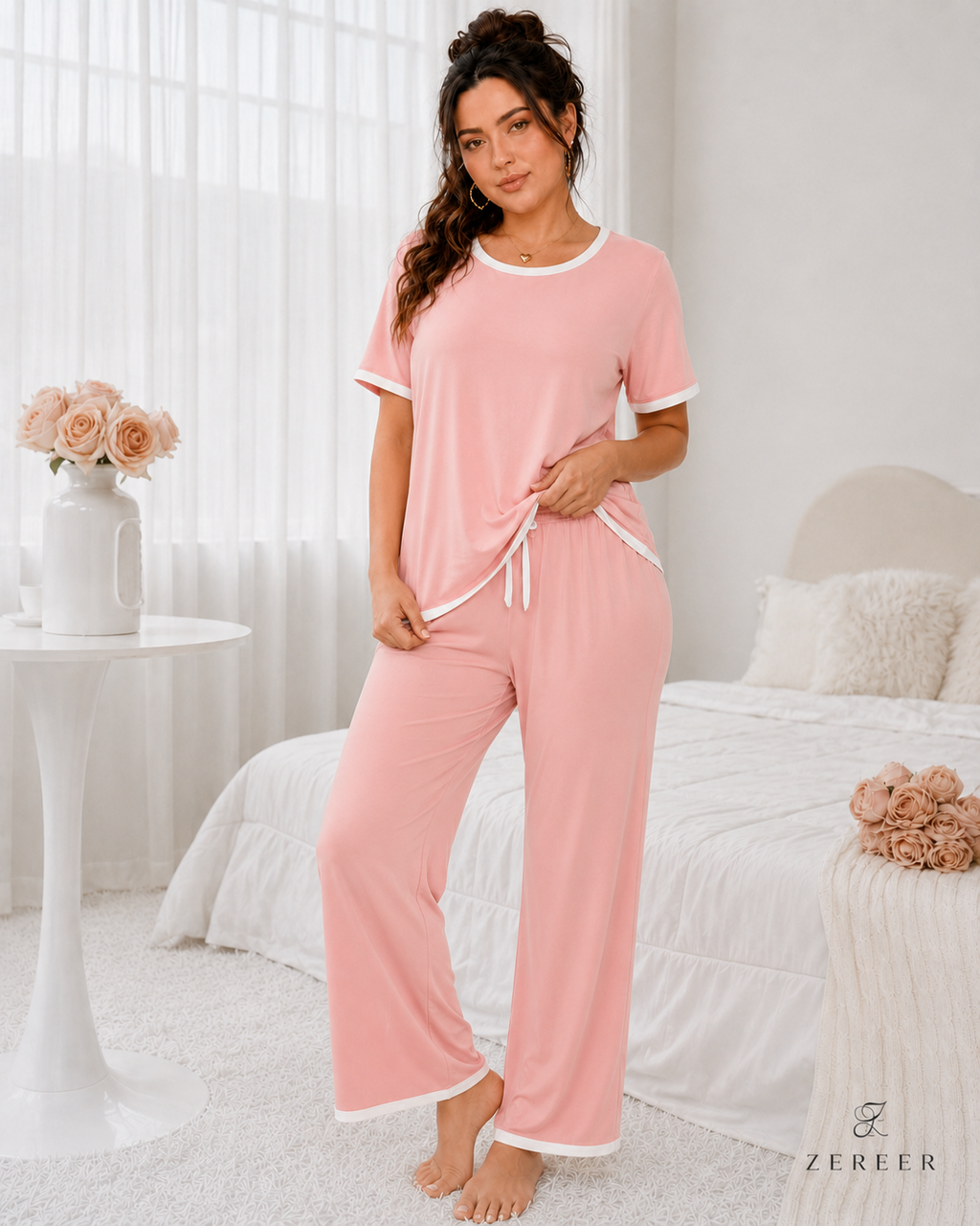 Rose Pink Half Sleeves Plazzo PJ Set
