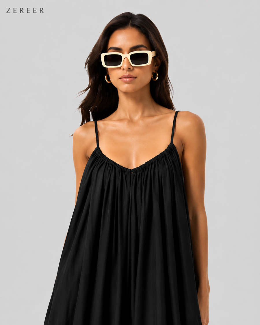 Black Backless Cami Gathered Maxi Dress with Back Flow