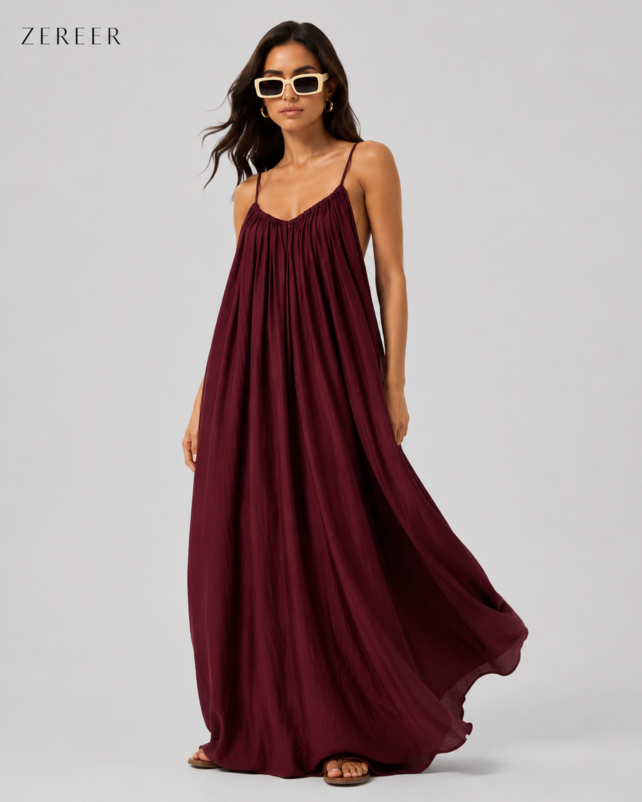 Maroon Backless Cami Gathered Maxi Dress with Back Flow
