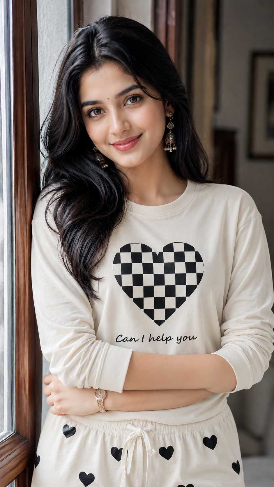 Grey Puzzle Heart Printed Night Suit