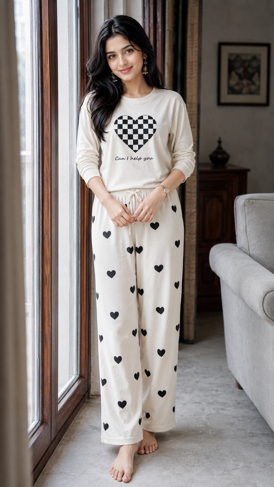 Grey Puzzle Heart Printed Night Suit