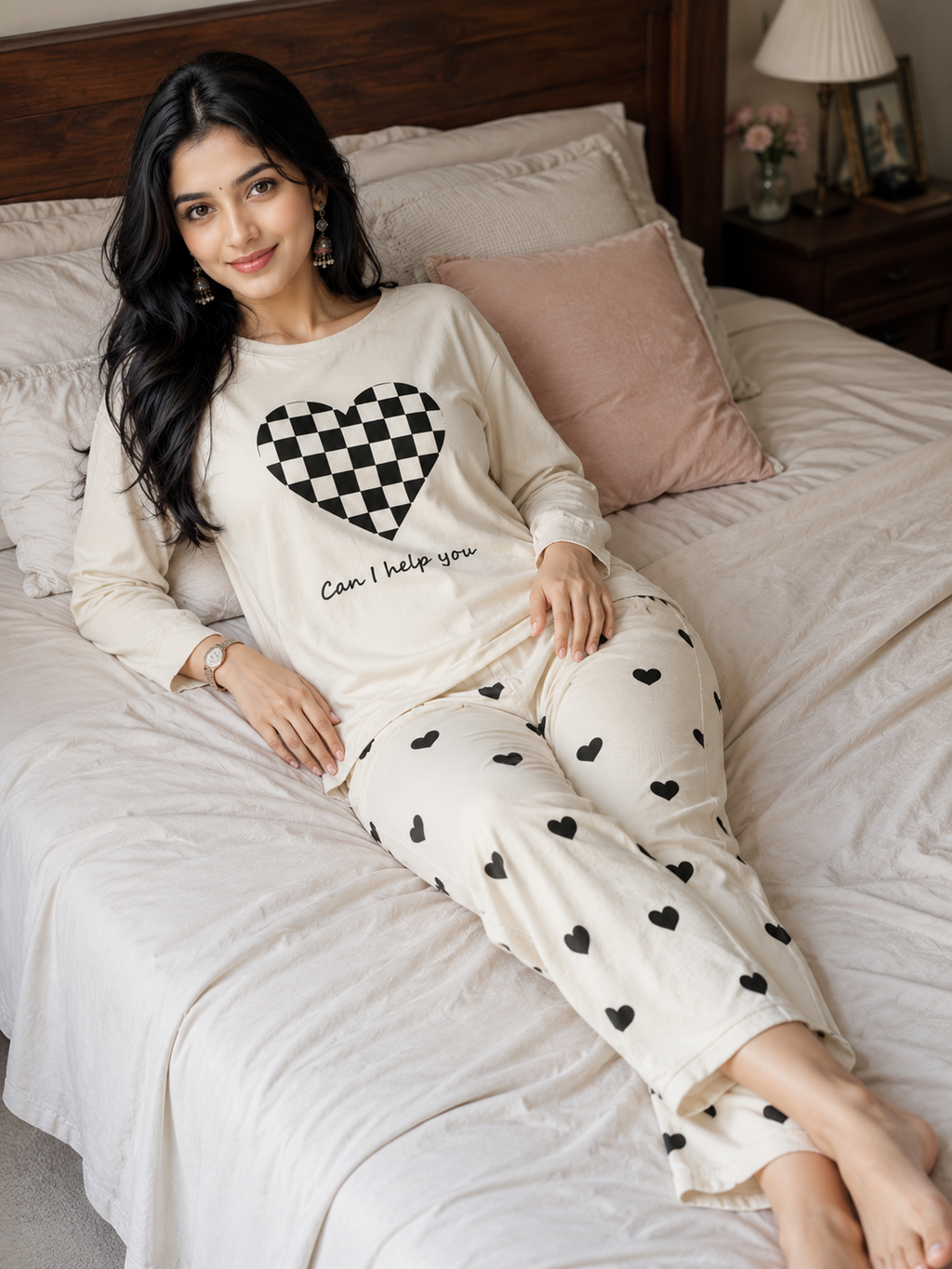 Grey Puzzle Heart Printed Night Suit