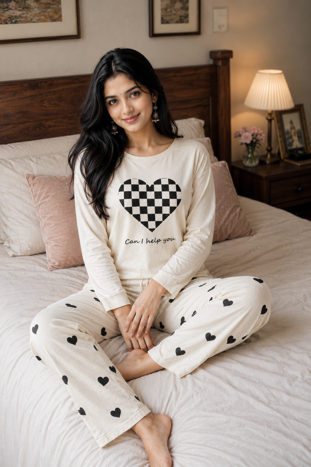 Grey Puzzle Heart Printed Night Suit