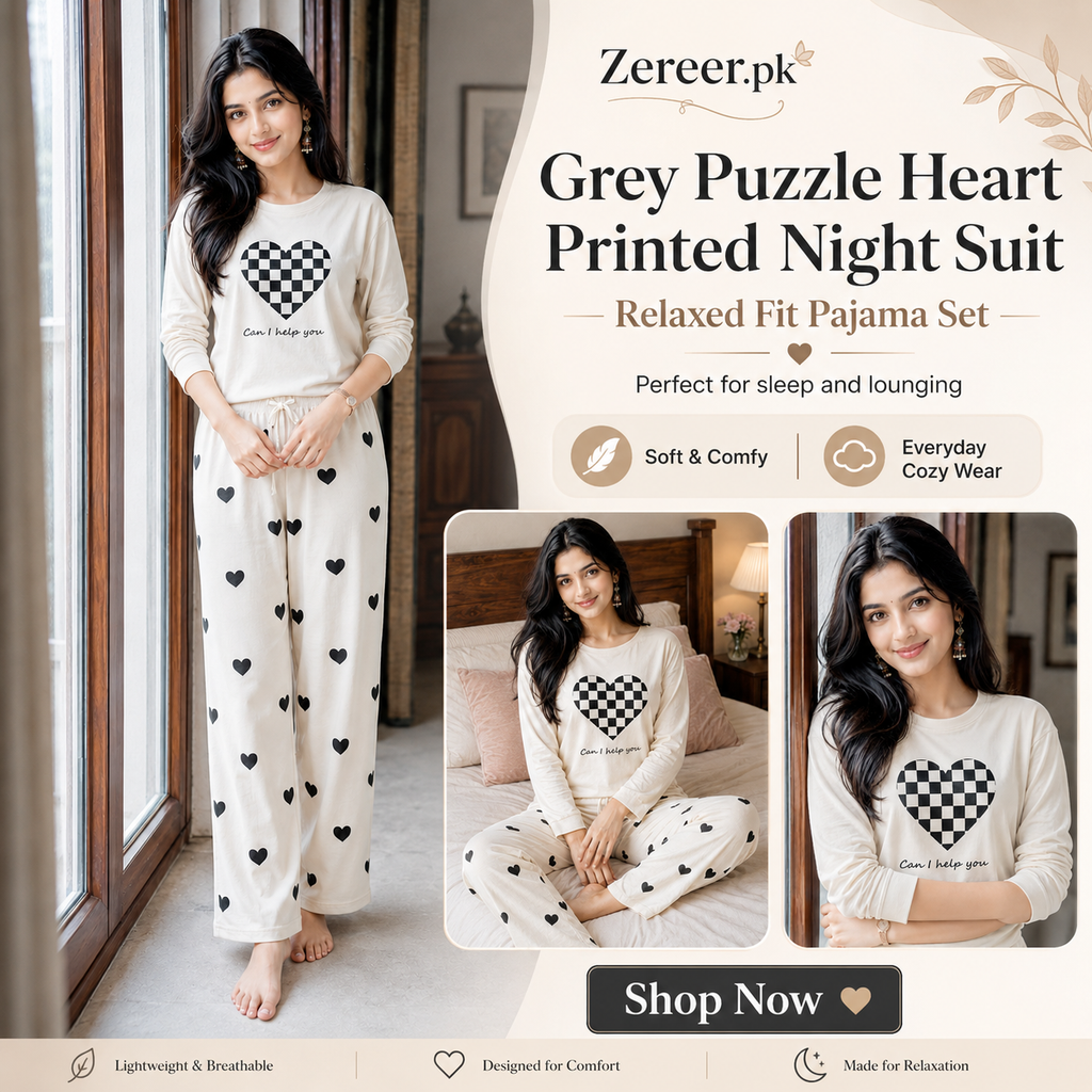 Grey Puzzle Heart Printed Night Suit