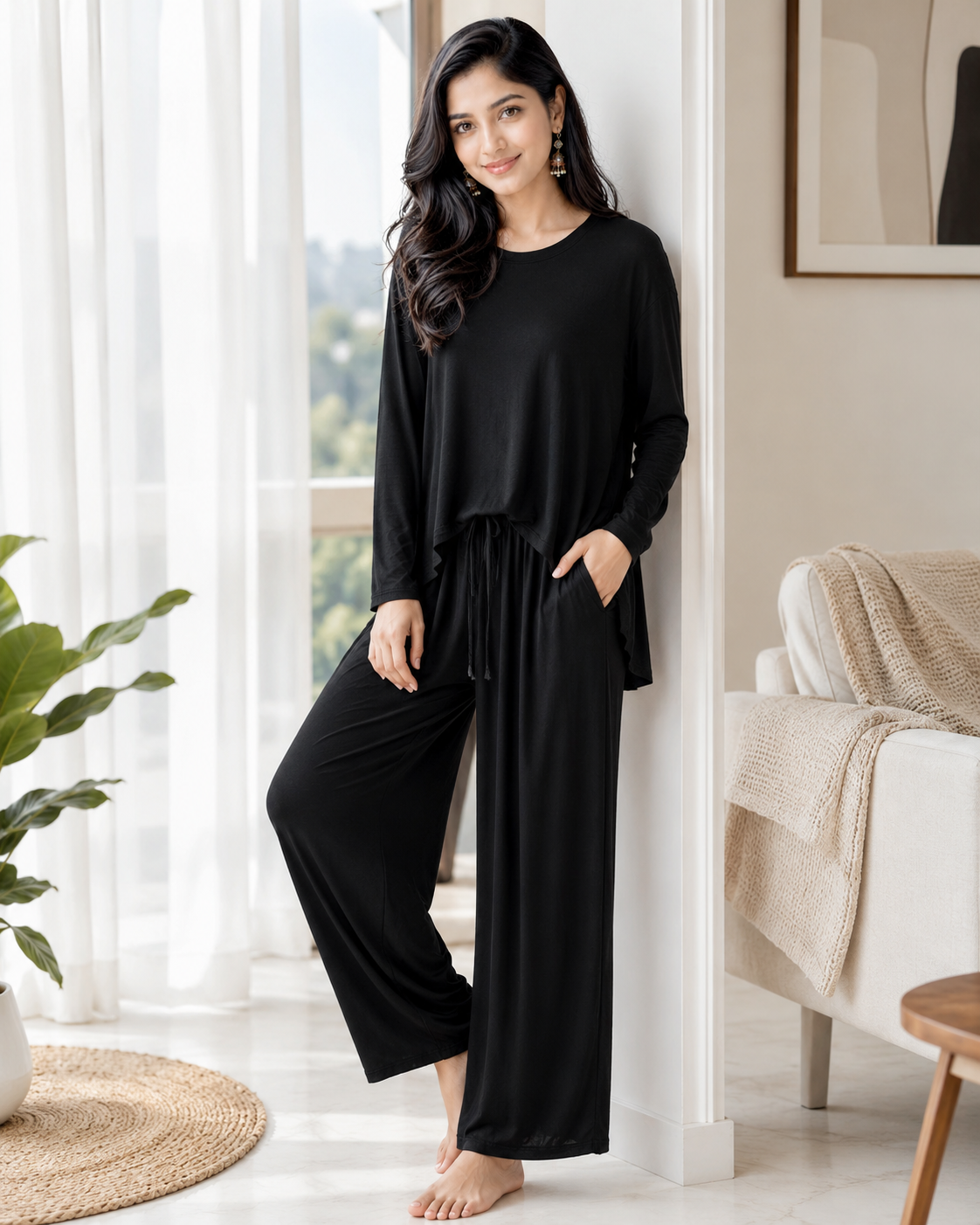 Deep Black Round Neck Plazzo PJ Set