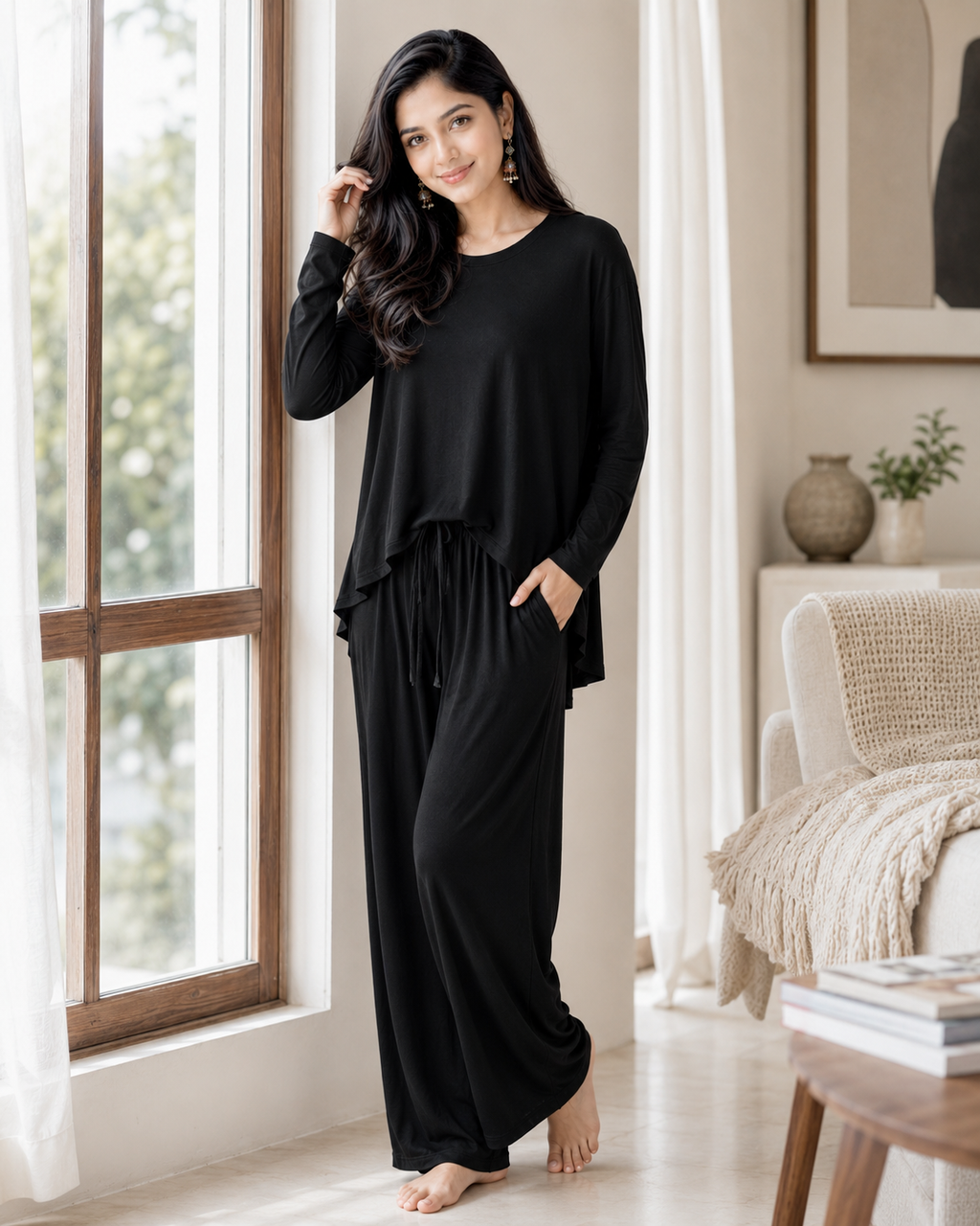 Deep Black Round Neck Plazzo PJ Set