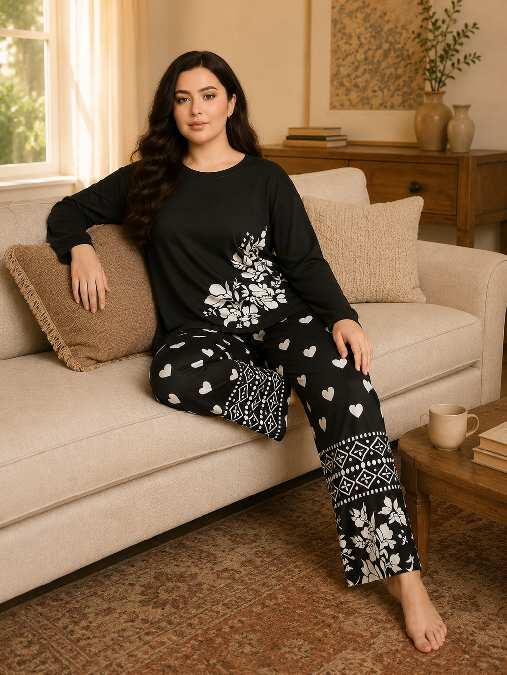 Black Leaves Printed Night Suit