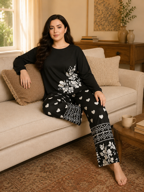 Black Leaves Printed Night Suit