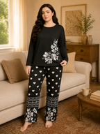 Black Leaves Printed Night Suit