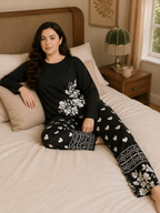 Black Leaves Printed Night Suit