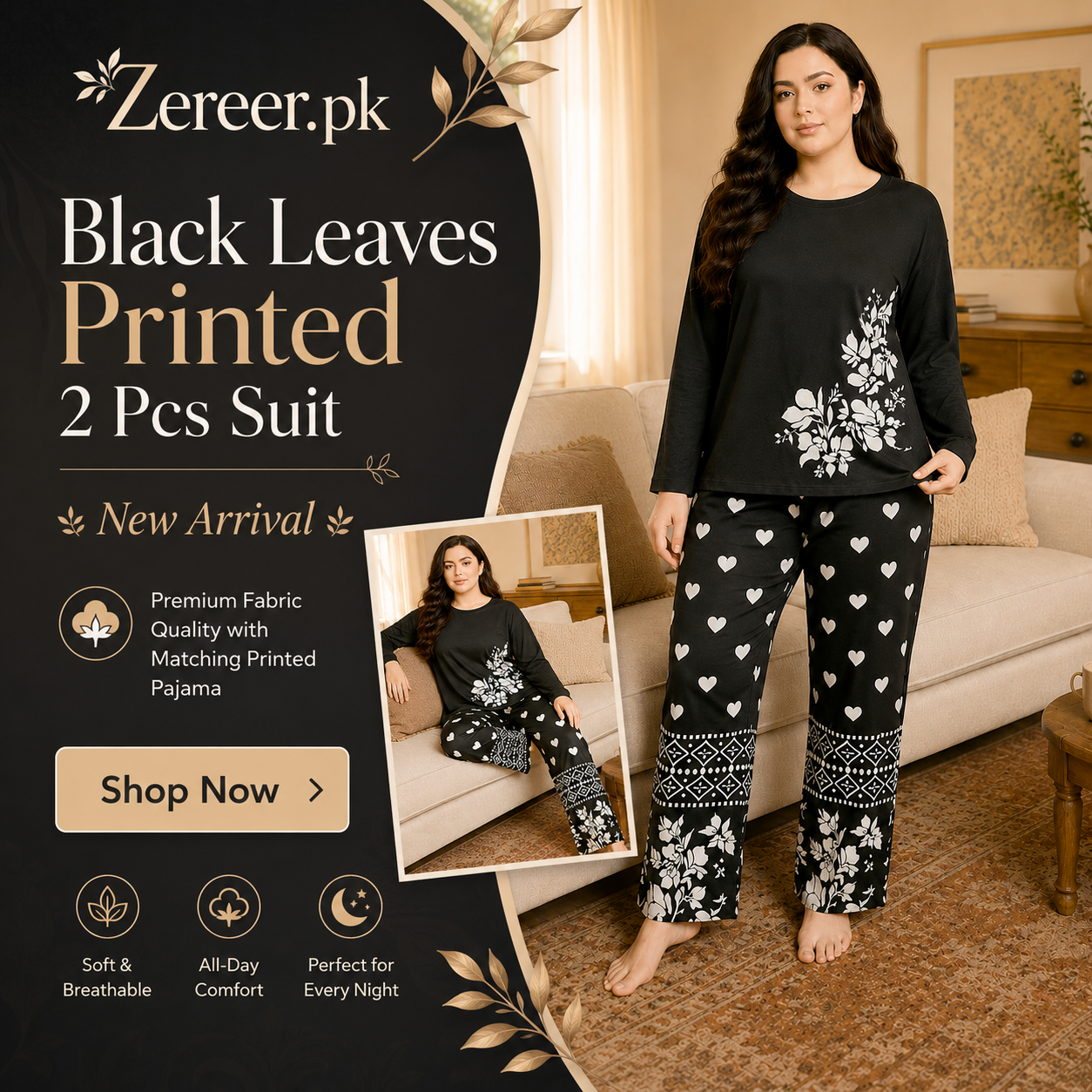 Black Leaves Printed Night Suit