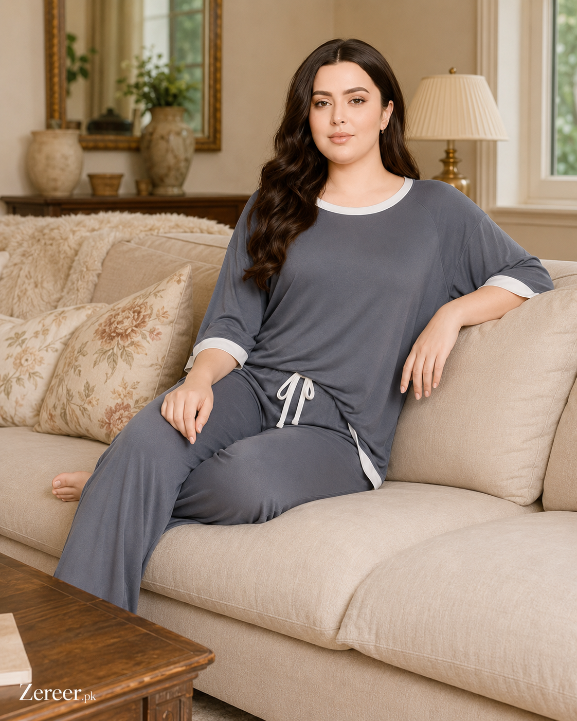 Grey White Round Neck Plazzo PJ Set