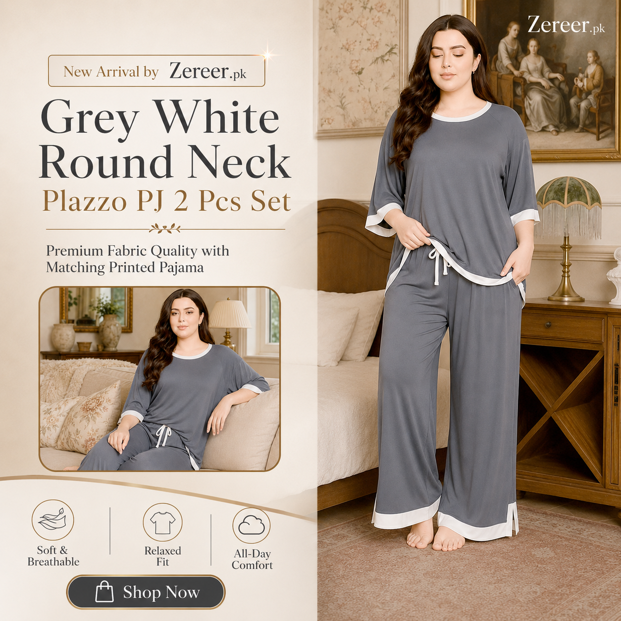 Grey White Round Neck Plazzo PJ Set