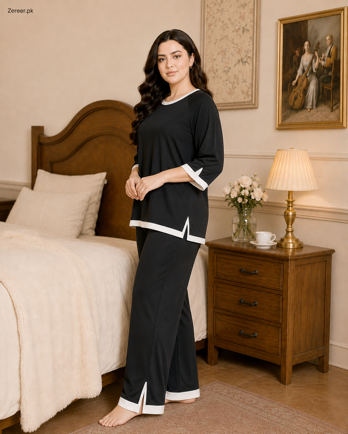 Black White Round Neck Plazzo PJ Set