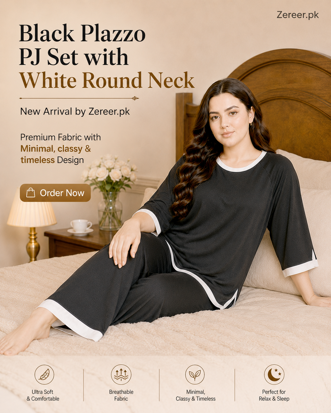 Black White Round Neck Plazzo PJ Set