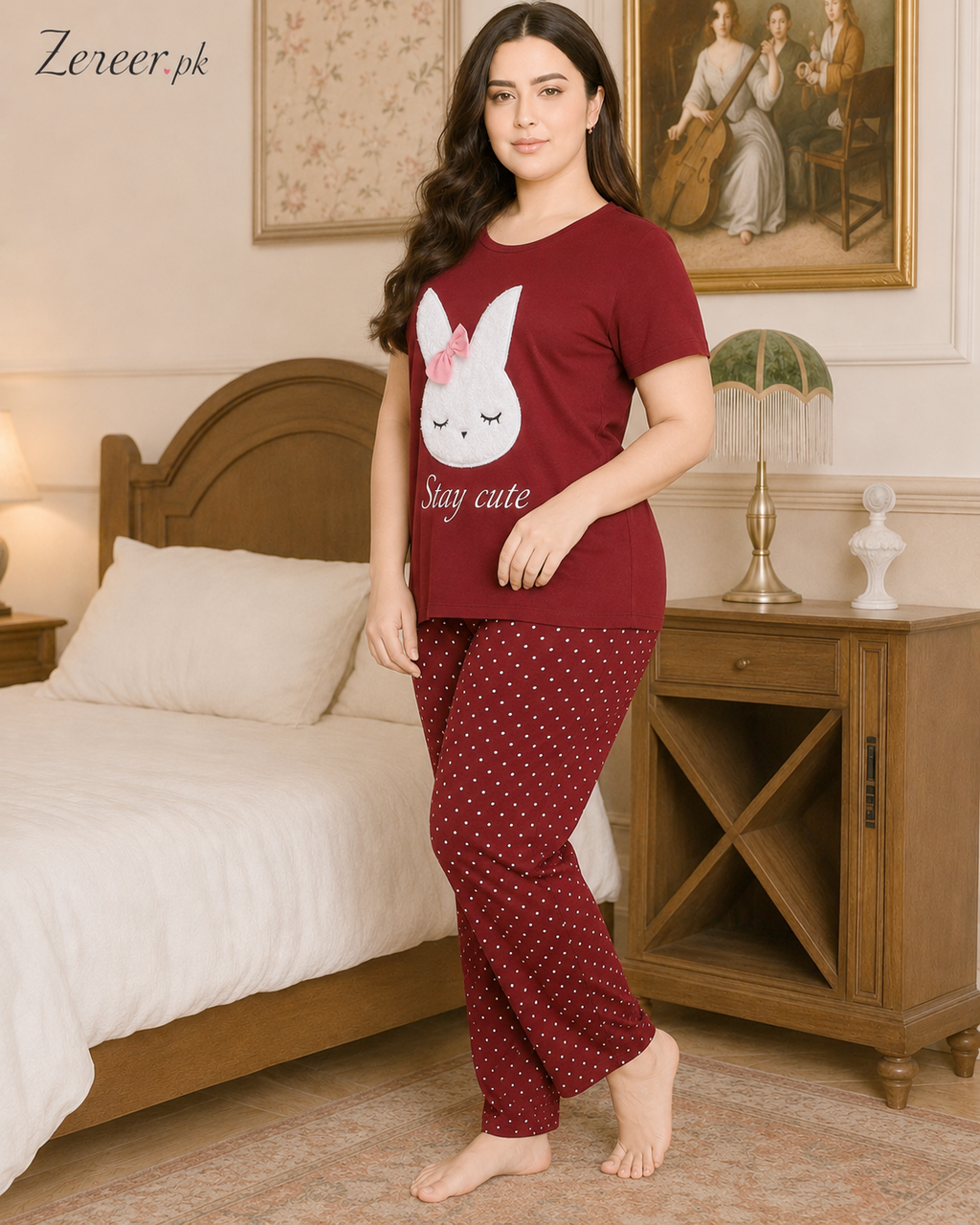 Maroon Stay Cute Printed Night Suit