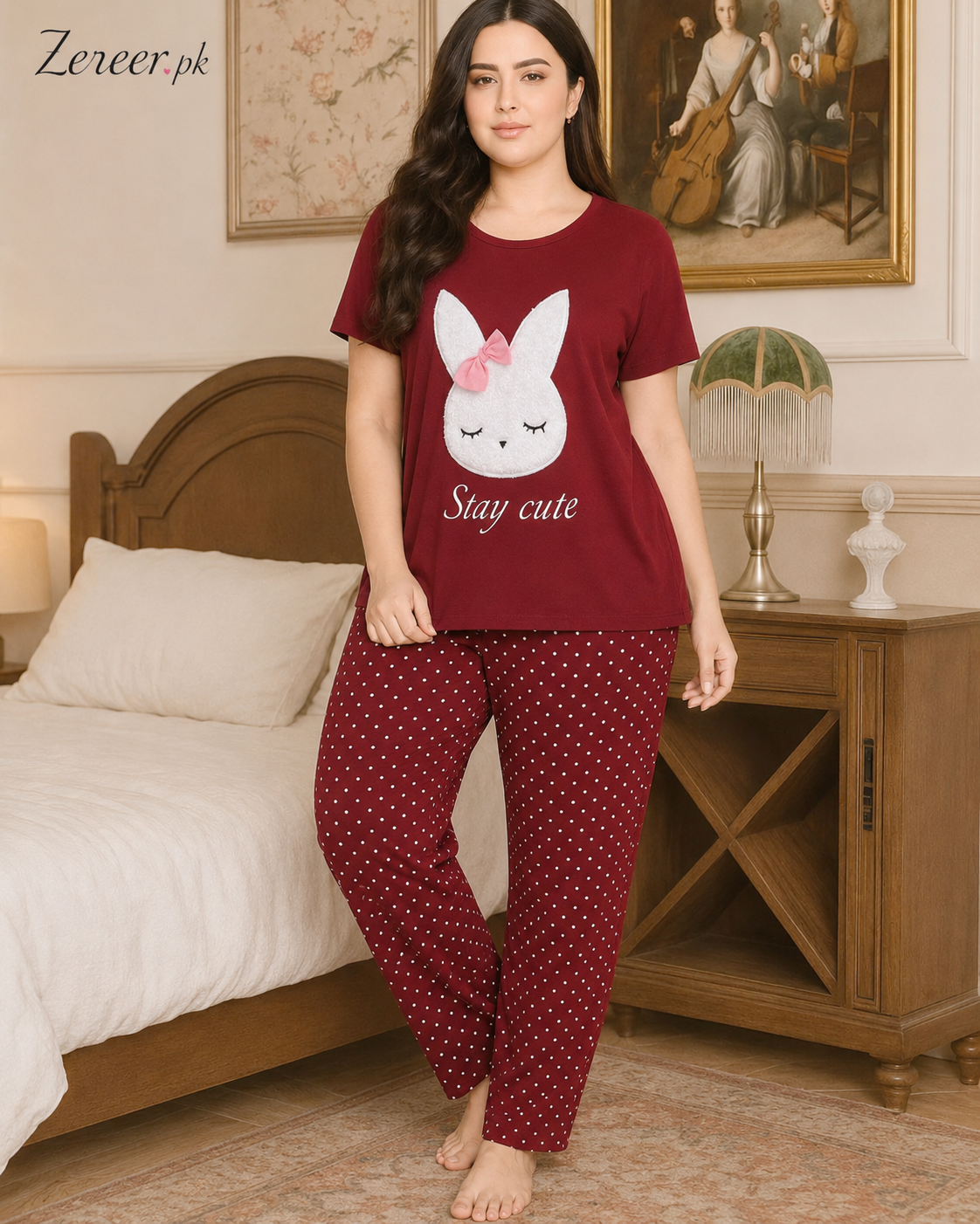 Maroon Stay Cute Printed Night Suit