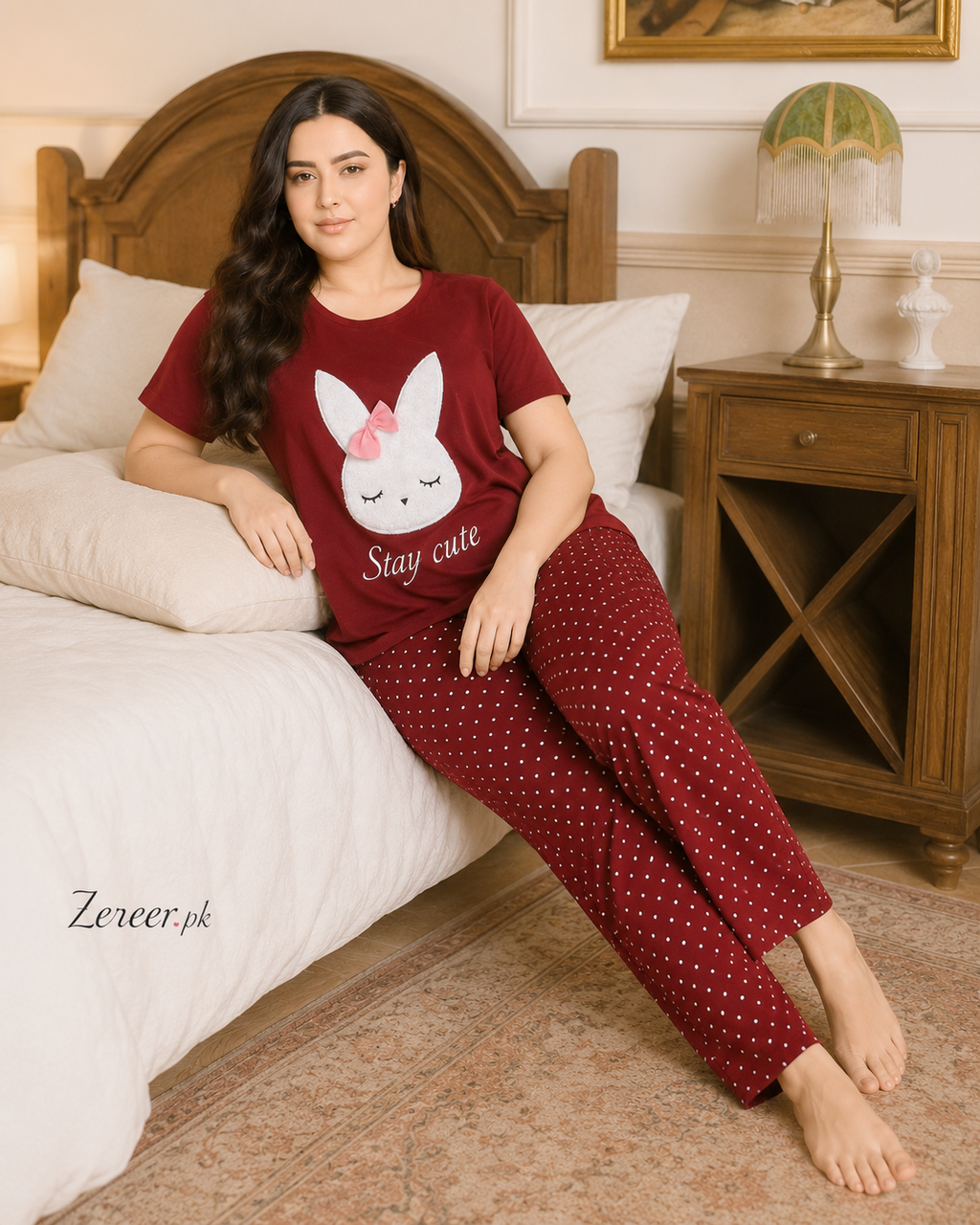 Maroon Stay Cute Printed Night Suit