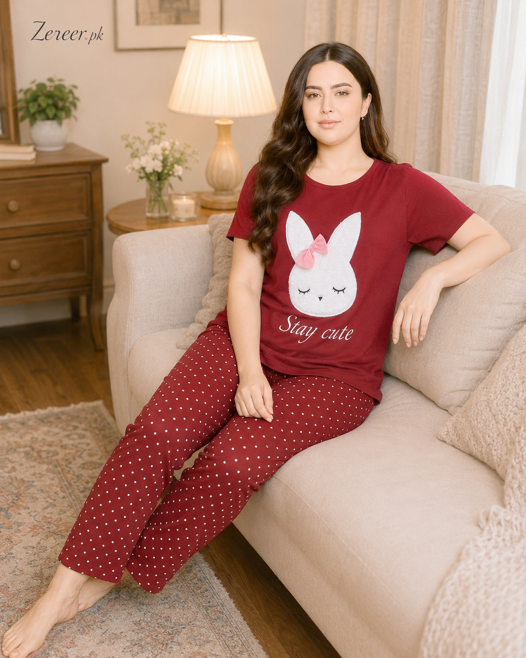 Maroon Stay Cute Printed Night Suit