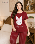 Maroon Stay Cute Printed Night Suit