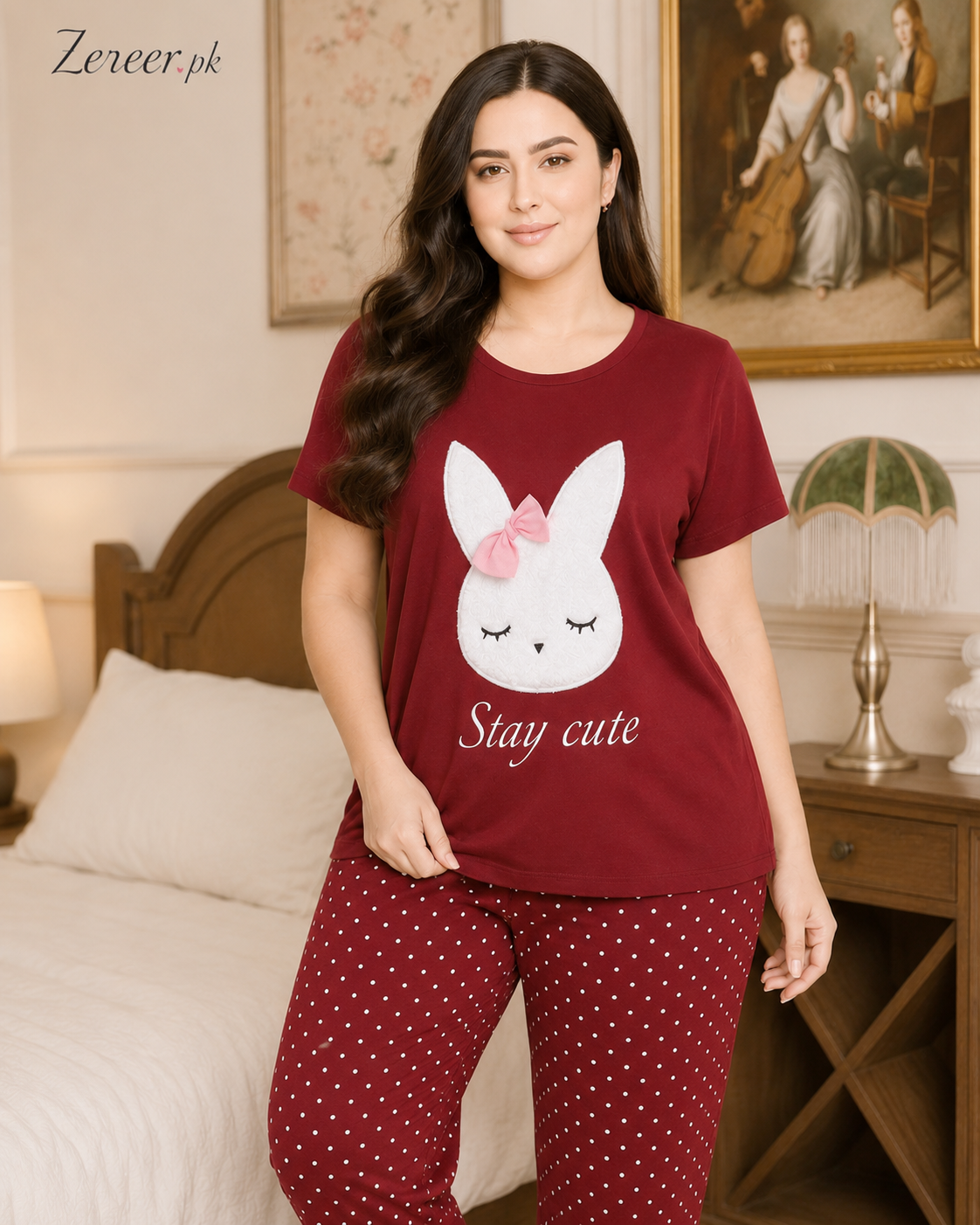 Maroon Stay Cute Printed Night Suit