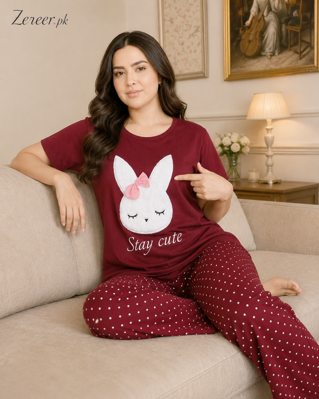 Maroon Stay Cute Printed Night Suit