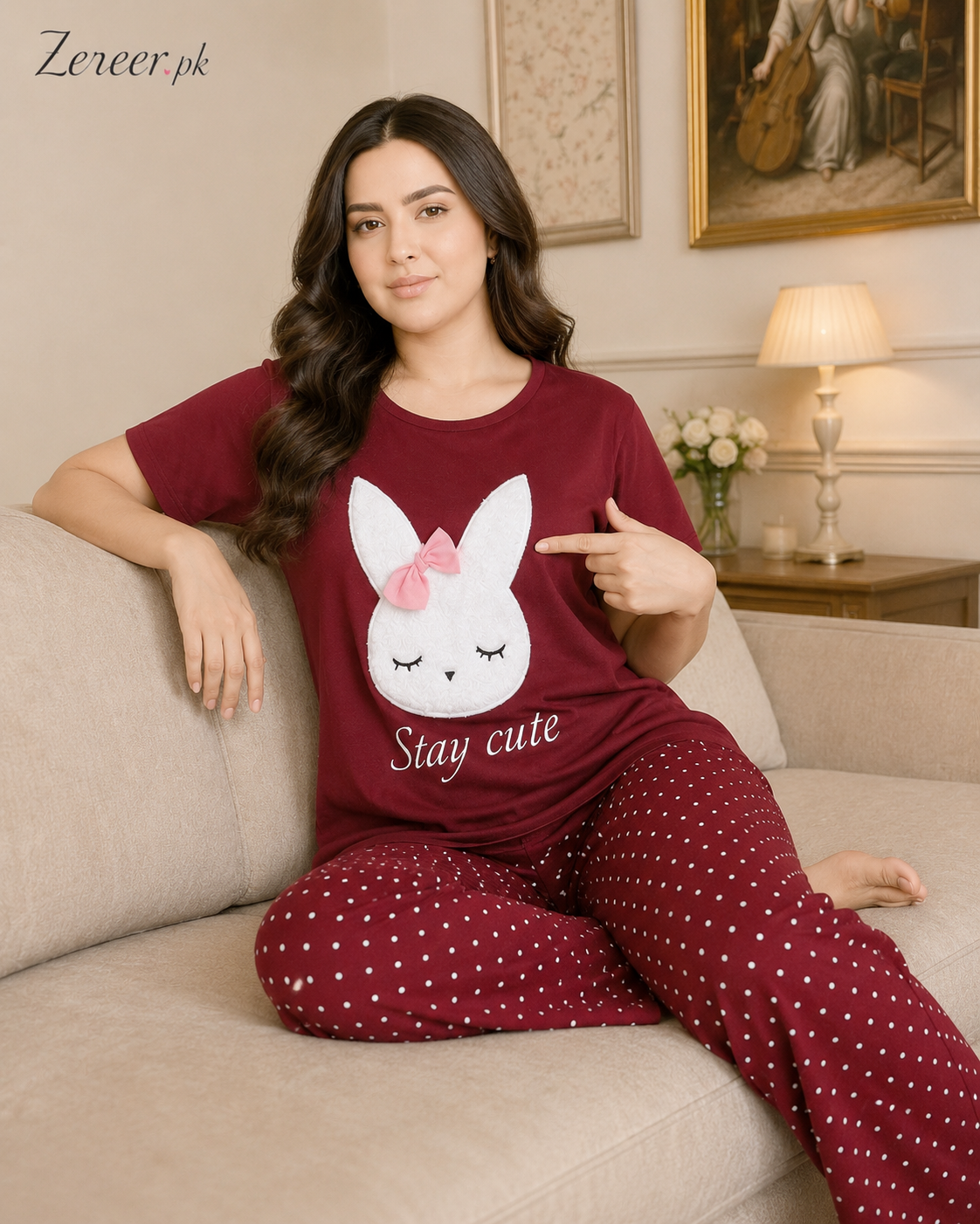 Maroon Stay Cute Printed Night Suit