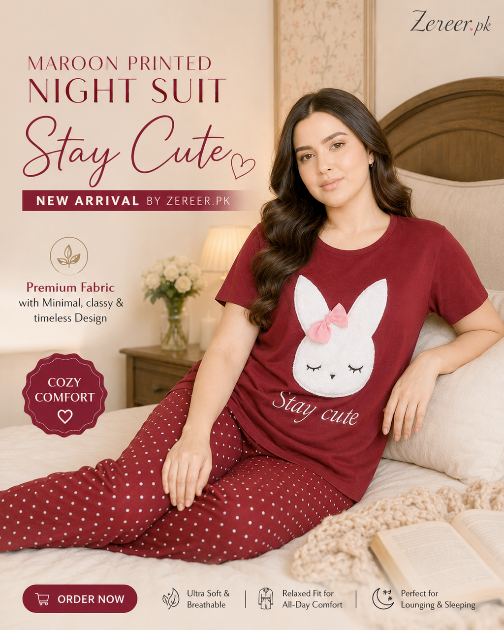 Maroon Stay Cute Printed Night Suit