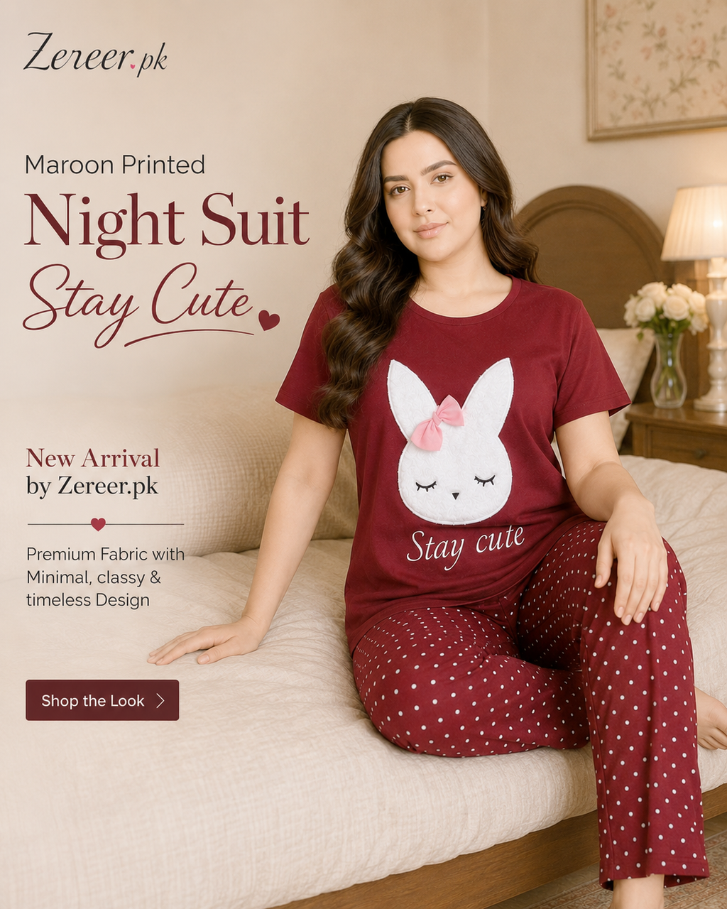 Maroon Stay Cute Printed Night Suit