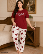 Mehroon Small Butterfly Printed Night Suit