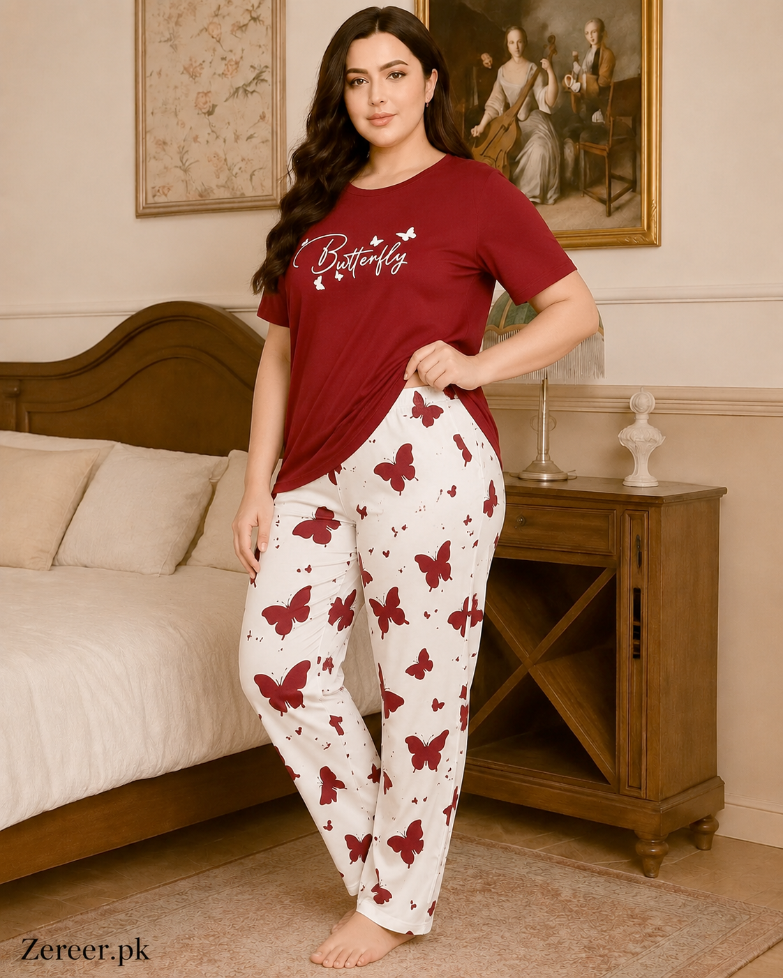 Mehroon Small Butterfly Printed Night Suit