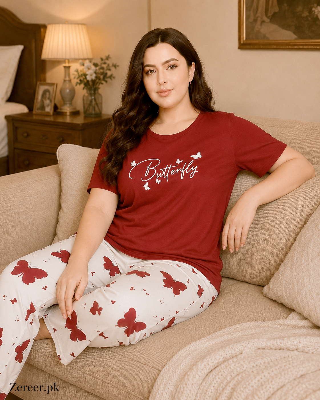 Mehroon Small Butterfly Printed Night Suit