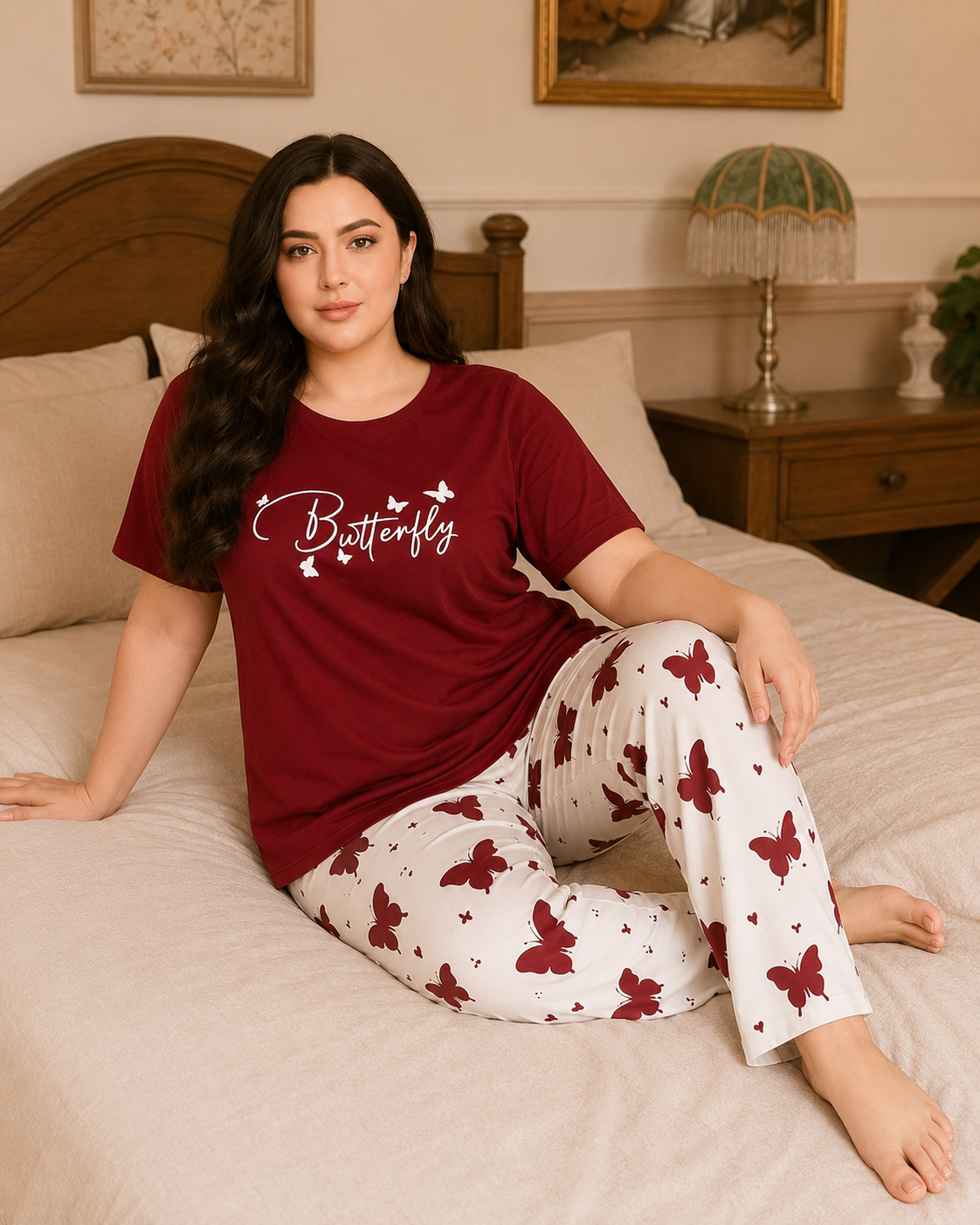 Mehroon Small Butterfly Printed Night Suit