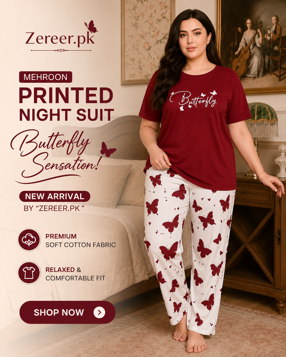 Mehroon Small Butterfly Printed Night Suit