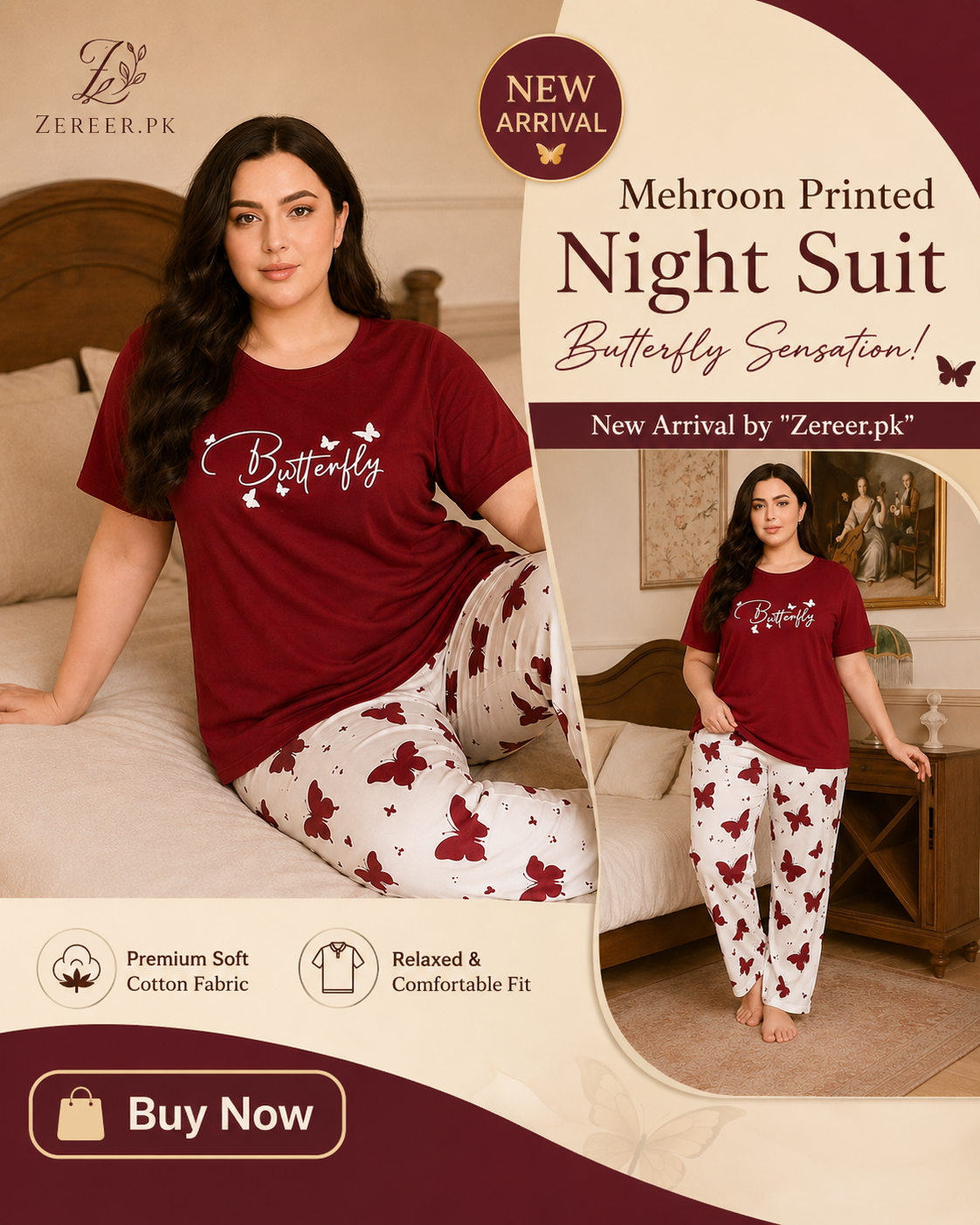 Mehroon Small Butterfly Printed Night Suit