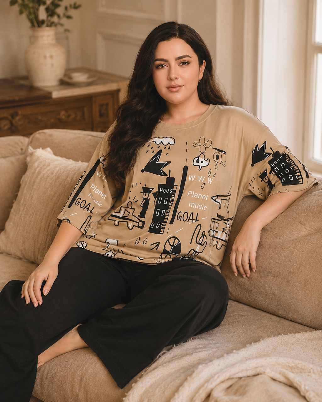 Planet Music With Black Pajama Printed Night Suit