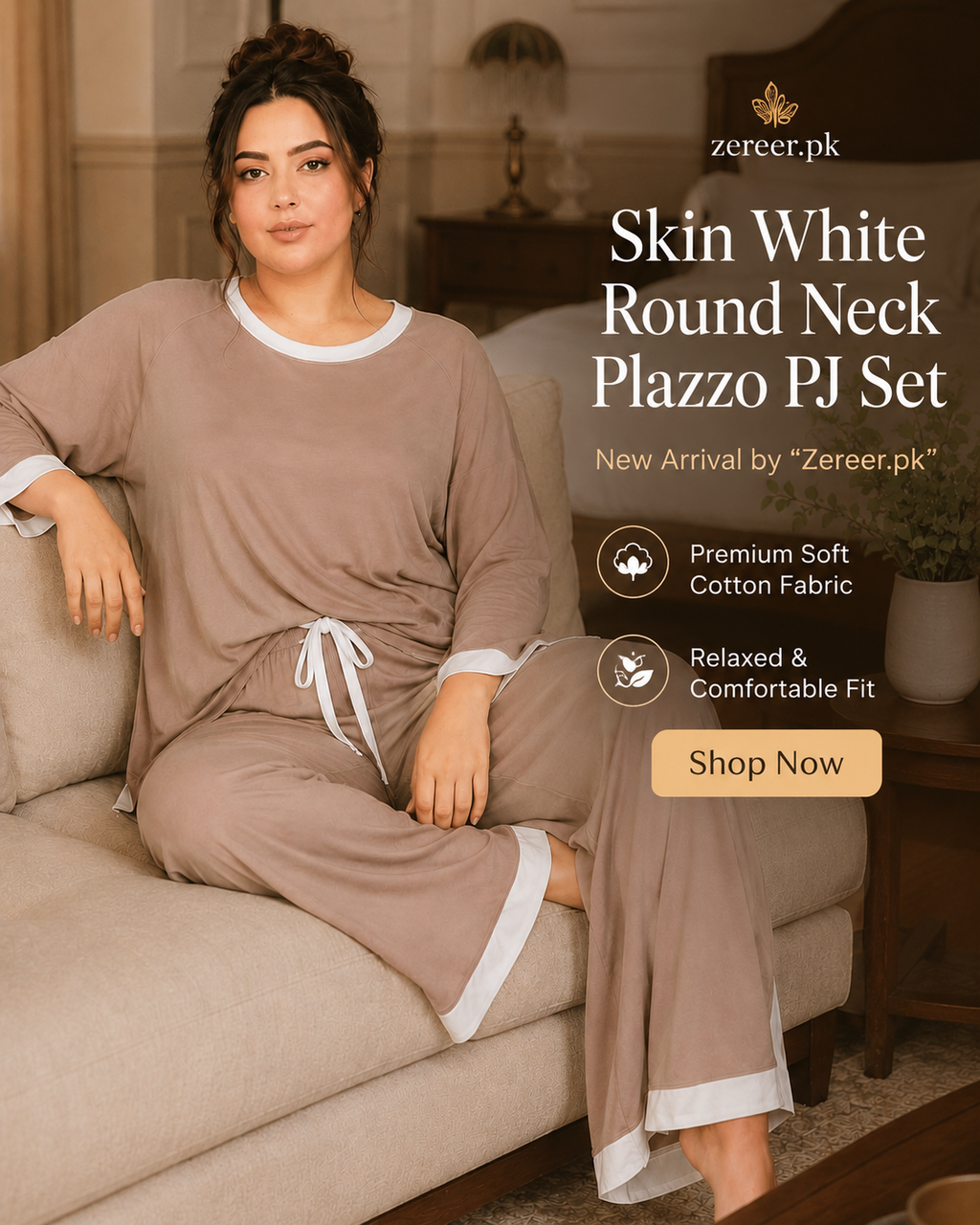 Skin with White Round Neck Plazzo PJ Set