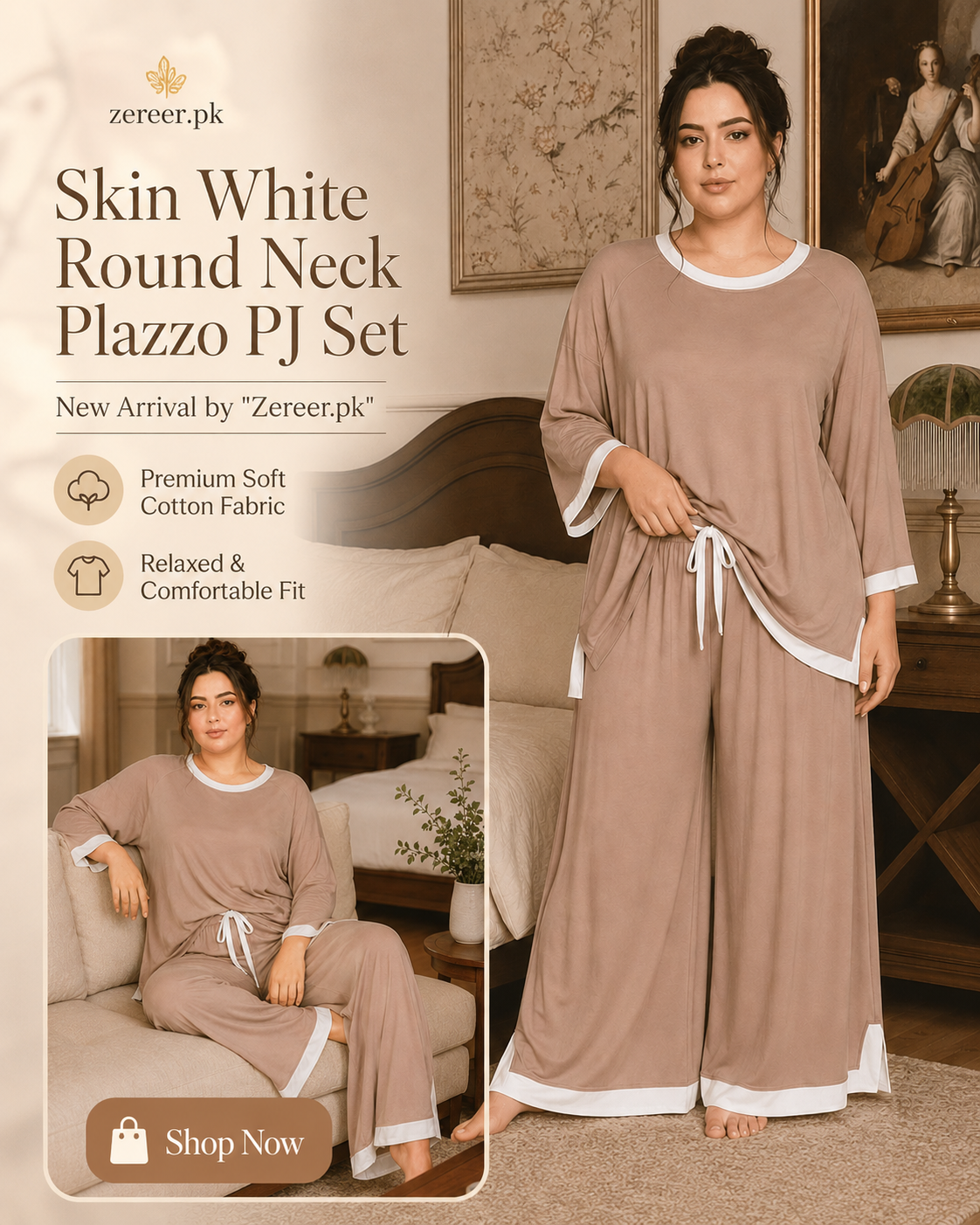 Skin with White Round Neck Plazzo PJ Set