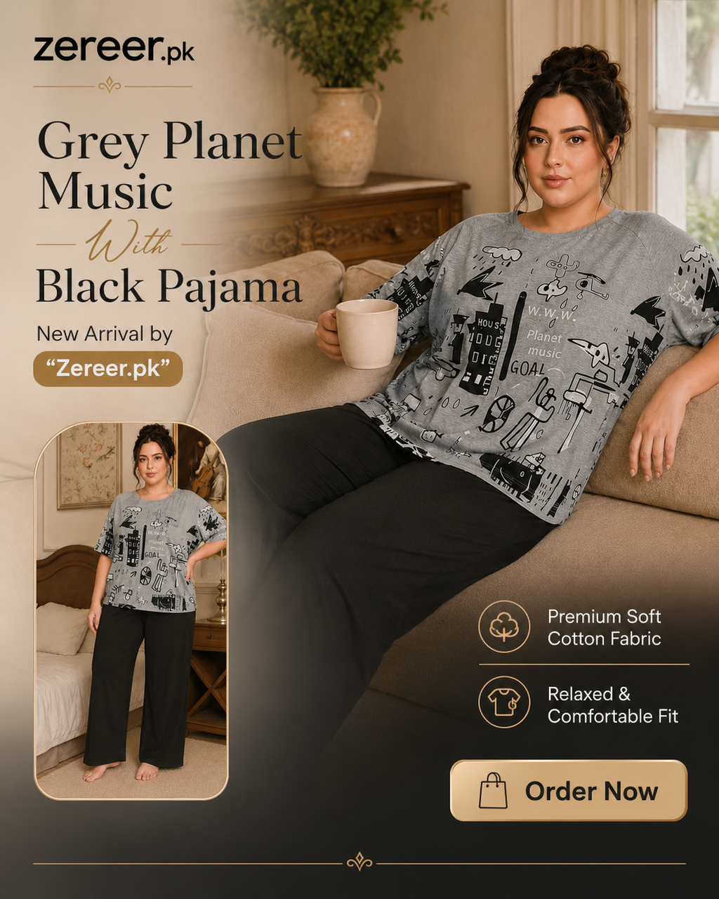 Grey Planet Music With Black Pajama Printed Night Suit