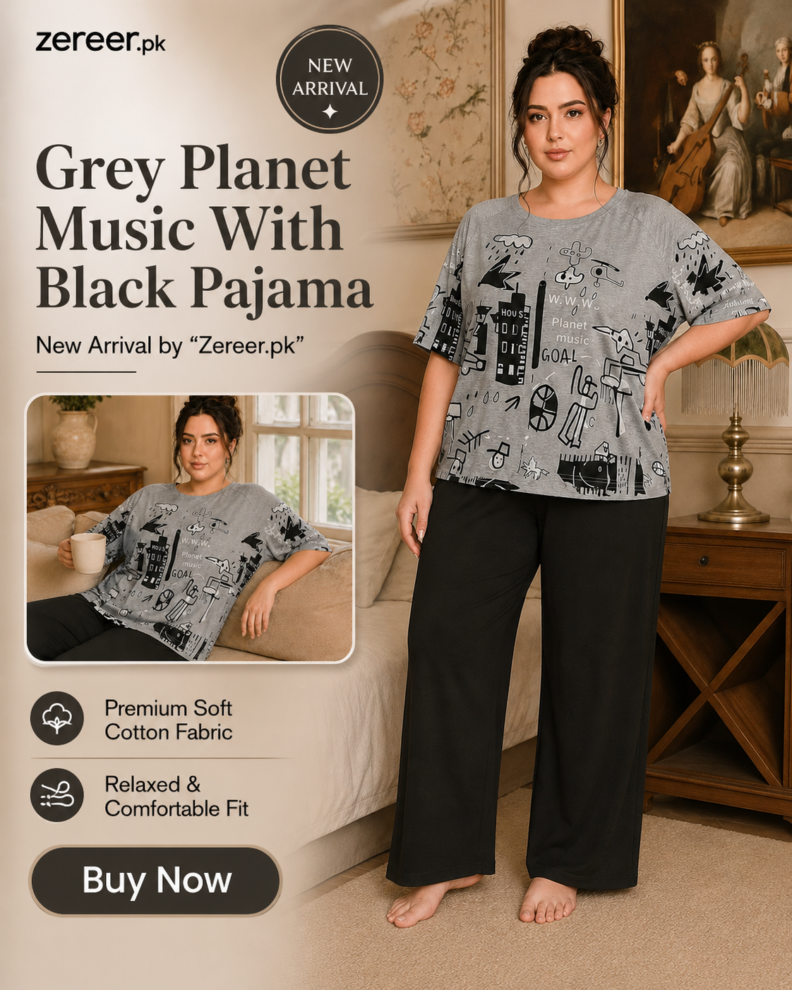 Grey Planet Music With Black Pajama Printed Night Suit