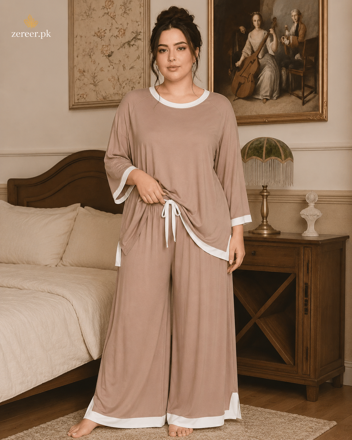 Skin with White Round Neck Plazzo PJ Set