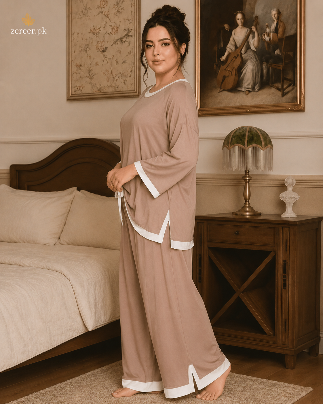 Skin with White Round Neck Plazzo PJ Set