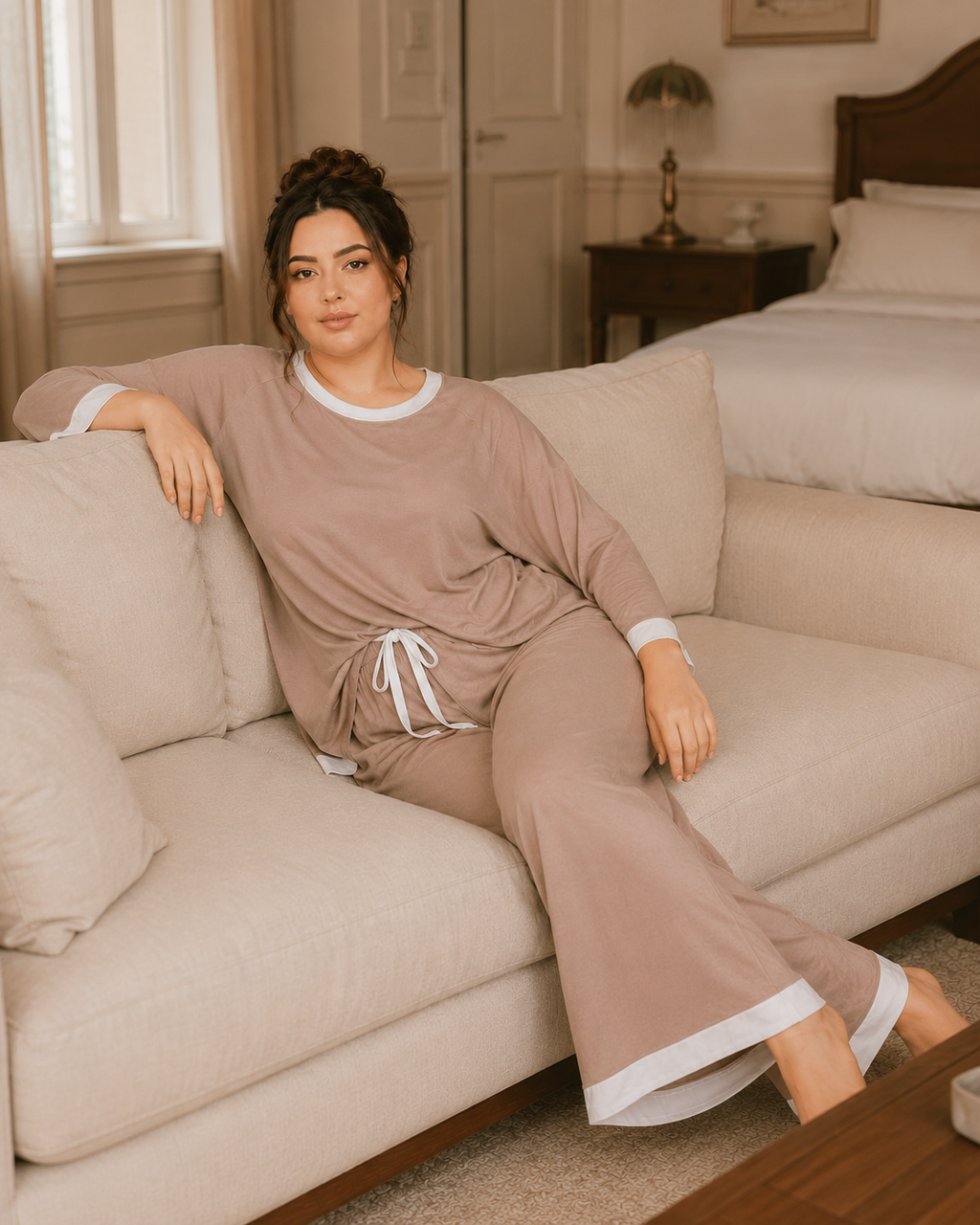 Skin with White Round Neck Plazzo PJ Set